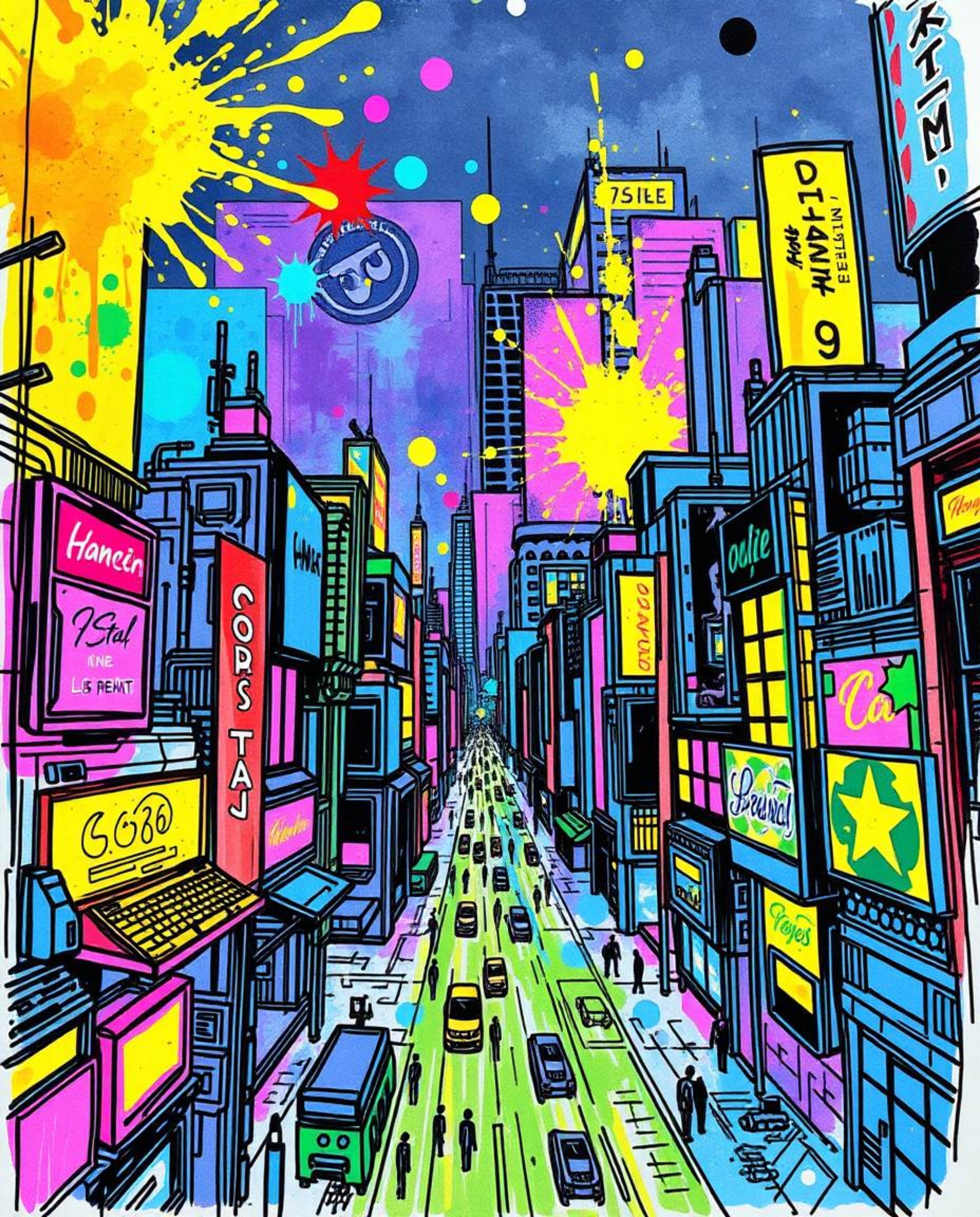 A vibrant hand-drawn sketchnote depicts colorful neon splashes exploding across a futuristic cyberpunk cityscape. This artwor