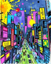 A vibrant hand-drawn sketchnote depicts colorful neon splashes exploding across a futuristic cyberpunk cityscape. This artwor