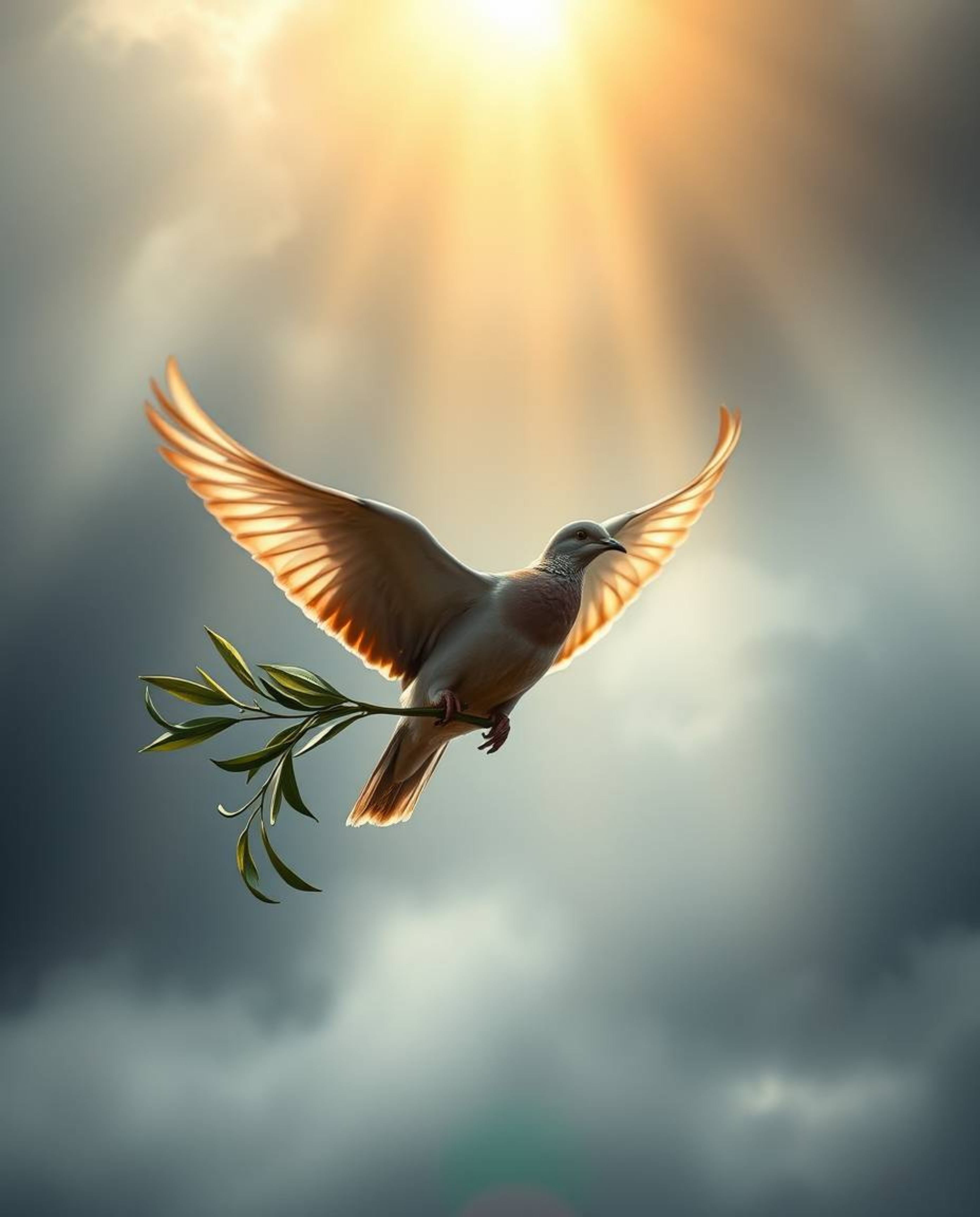 A captivating image of a dove carrying an olive branch, bathed in warm golden light, soars through dramatic stormy skies. Thi