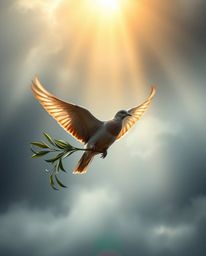 A captivating image of a dove carrying an olive branch, bathed in warm golden light, soars through dramatic stormy skies. Thi