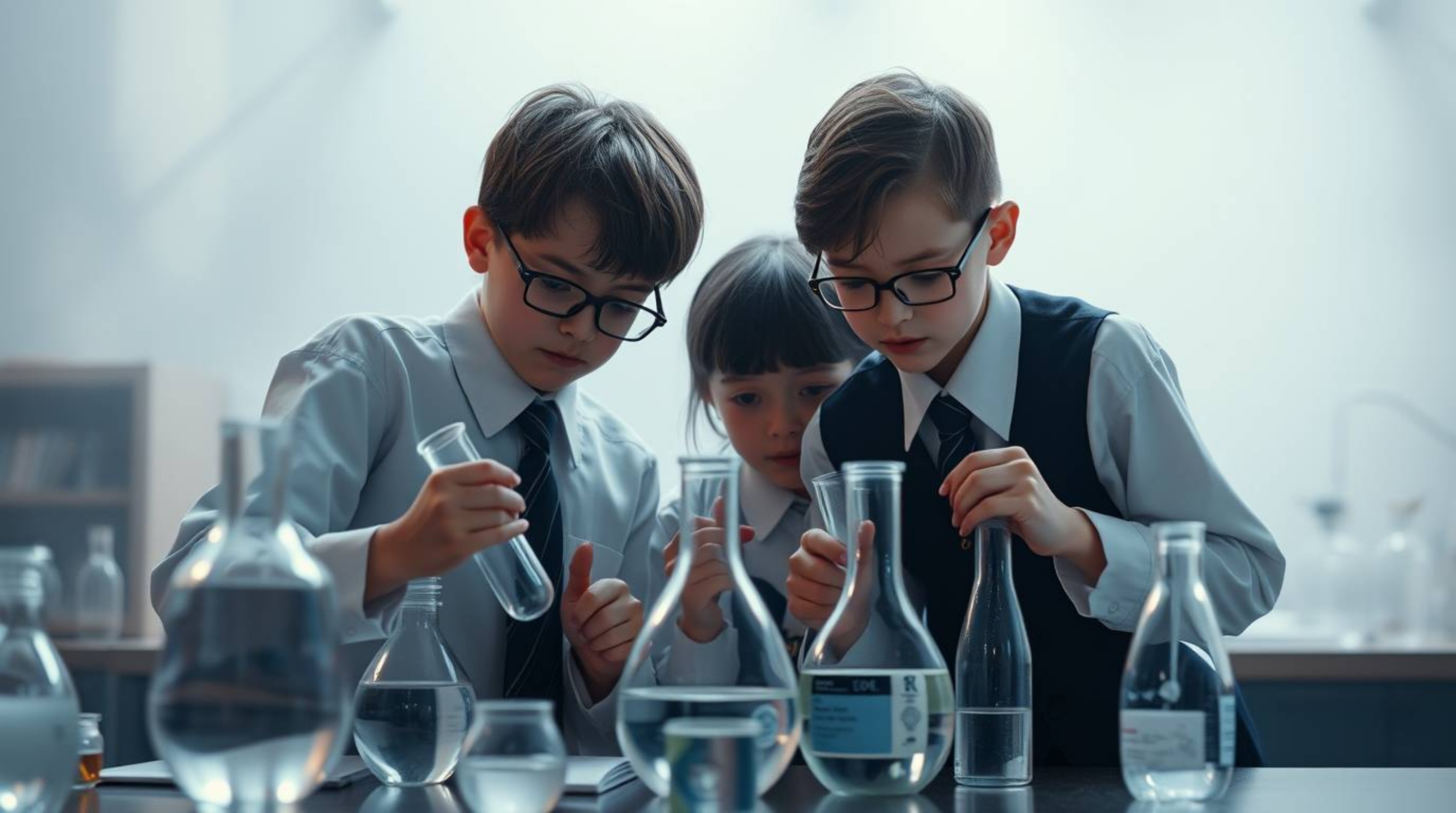 A graceful and elegant image depicting quirky children in school uniforms engaged in science experiments. The composition fea
