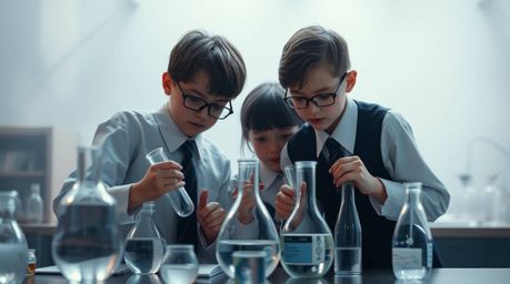 A graceful and elegant image depicting quirky children in school uniforms engaged in science experiments. The composition fea