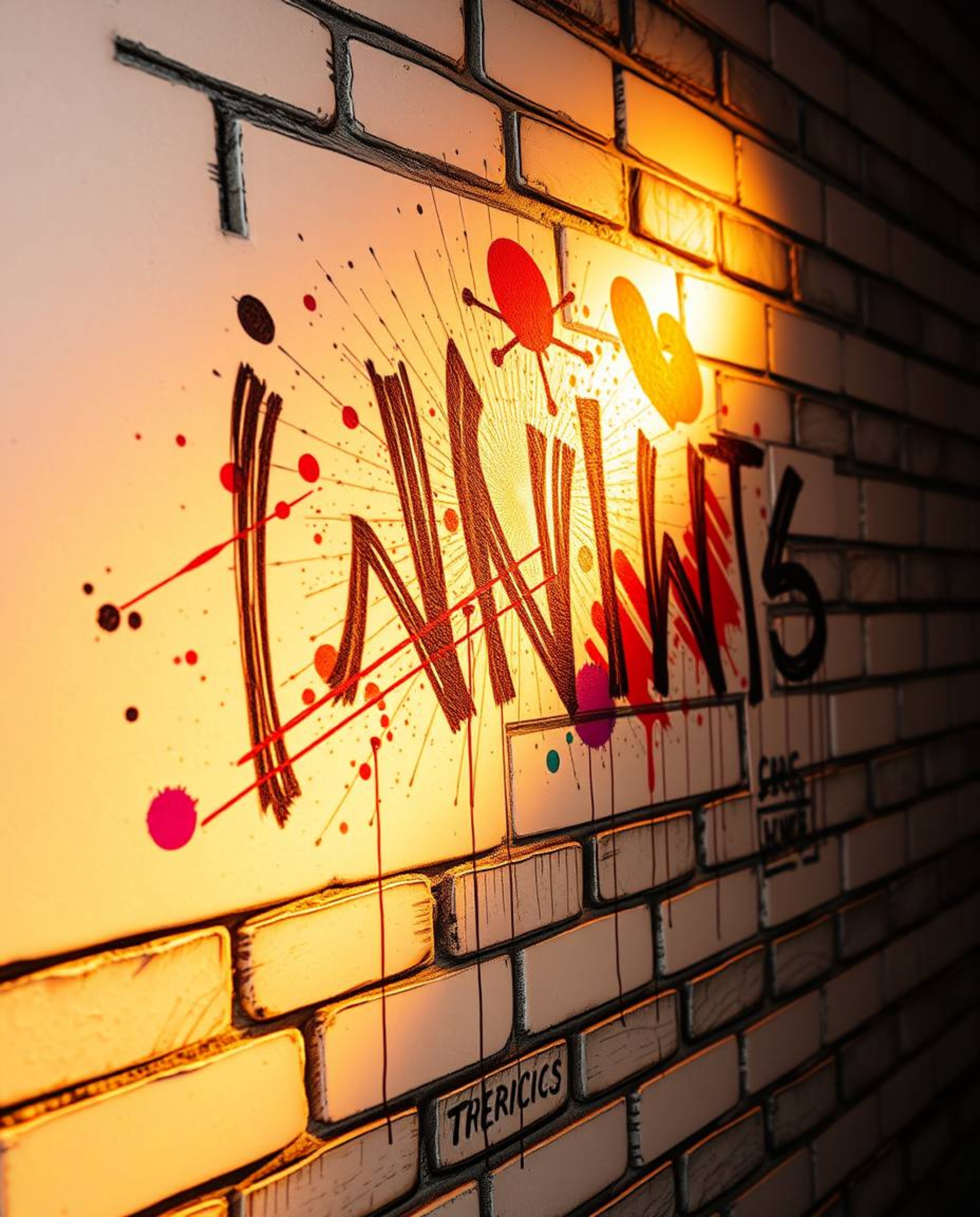 A captivating hand-drawn sketch depicting vibrant graffiti-style splashes on a textured brick wall.  The image features inten