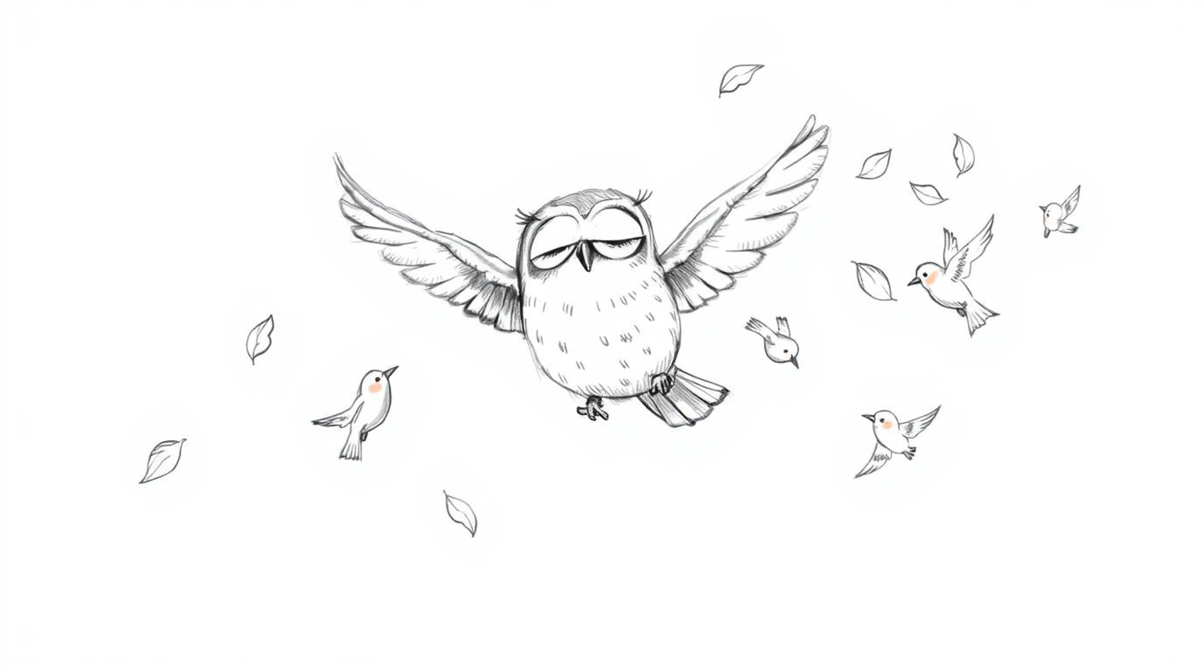 A charming hand-drawn sketch on a white background depicts a blind, Pixar-esque owl with soft, round features guiding several