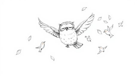 A charming hand-drawn sketch on a white background depicts a blind, Pixar-esque owl with soft, round features guiding several