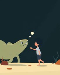 A captivating modern flat design illustration depicts an unlikely friendship between a sea creature and a child. High contra