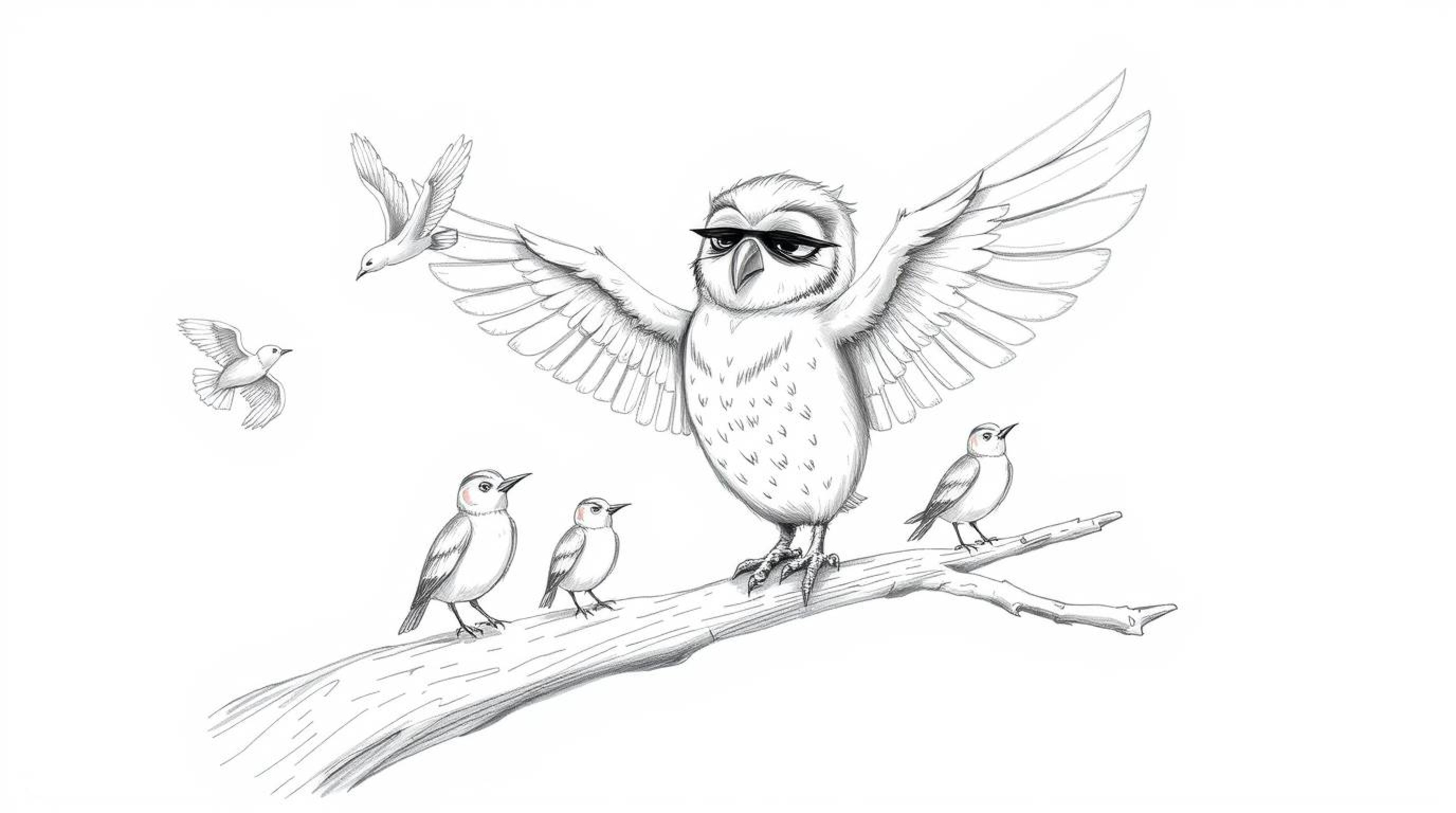 A heartwarming hand-drawn sketch, inspired by Pixar, portrays a blind owl with delicate, feathery plumage guiding a flock of 