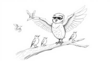 A heartwarming hand-drawn sketch, inspired by Pixar, portrays a blind owl with delicate, feathery plumage guiding a flock of 