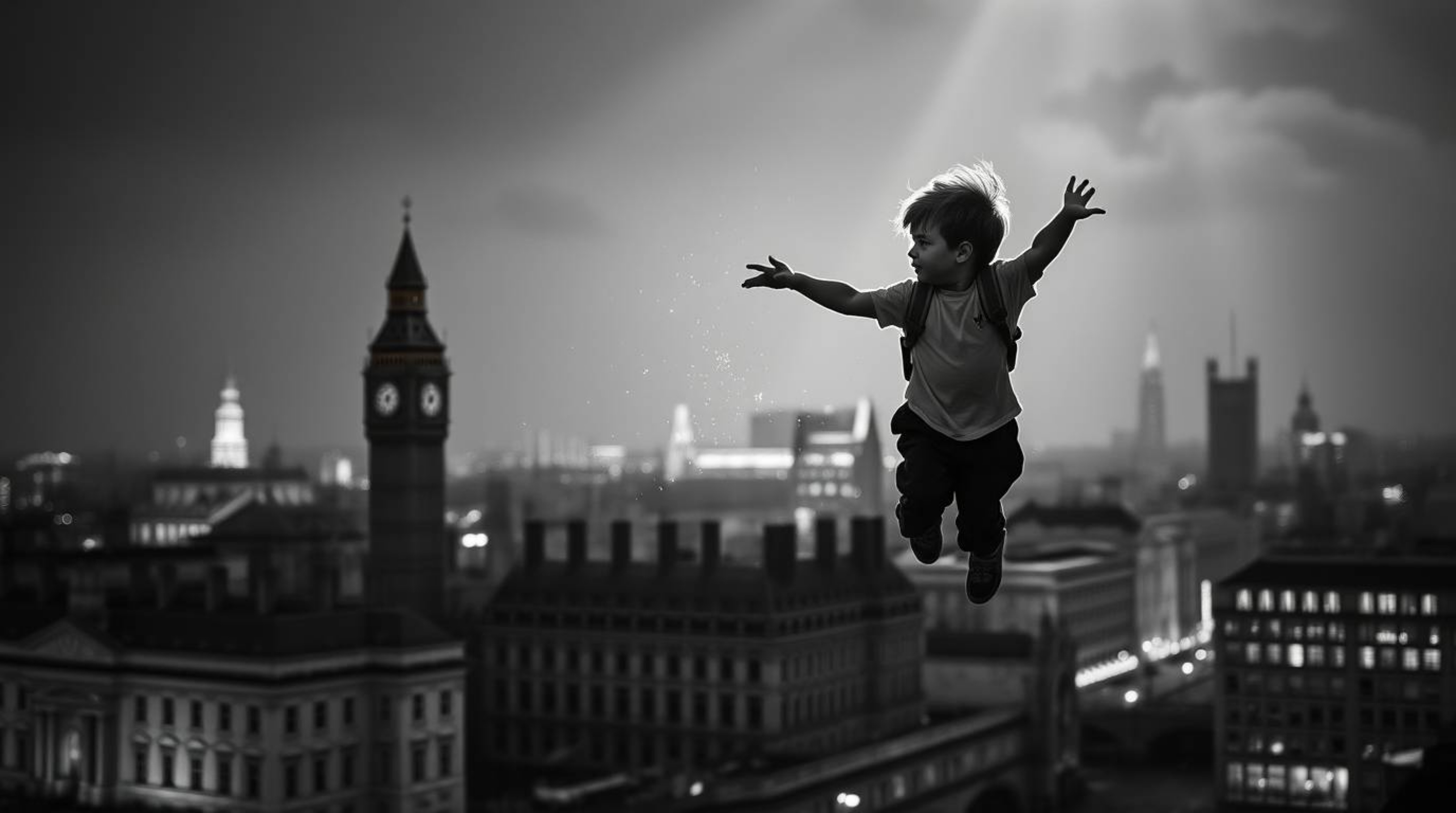 A captivating black and white image depicts a young boy soaring above London, powered by magical pixie dust. The scene is bat