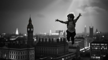 A captivating black and white image depicts a young boy soaring above London, powered by magical pixie dust. The scene is bat