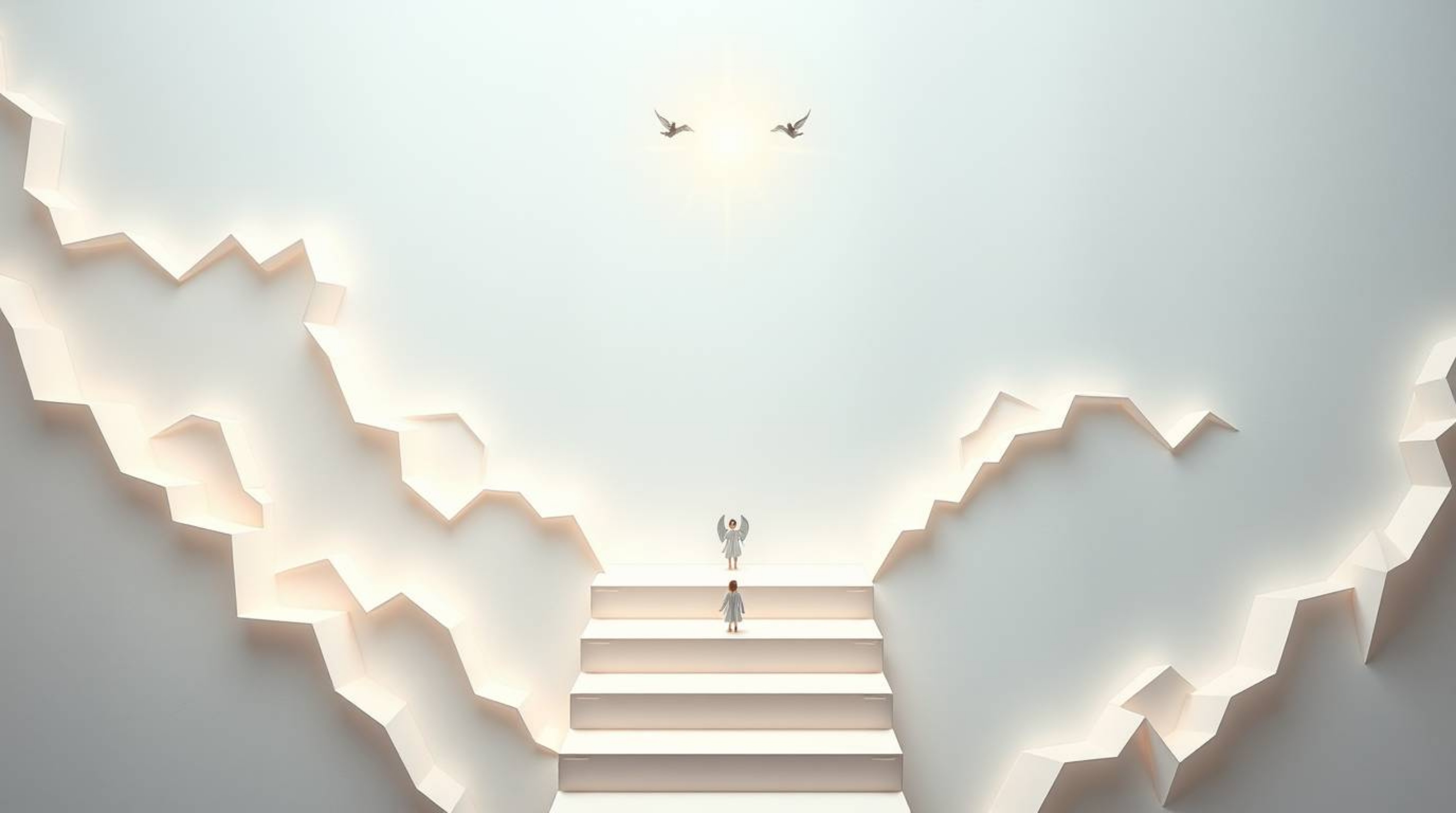A dreamlike and peaceful bird's-eye view illustration in intricate origami style depicting steps of light ascending into a cl