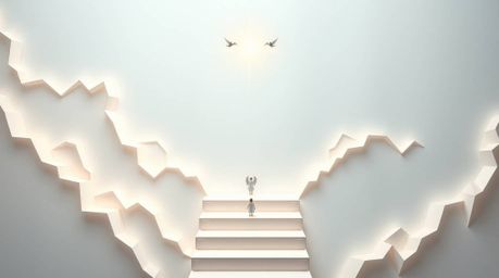A dreamlike and peaceful bird's-eye view illustration in intricate origami style depicting steps of light ascending into a cl