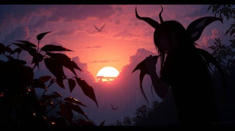 This artwork presents a surreal digital painting featuring a dreamlike scene bathed in silhouetted backlighting. Fantastical 