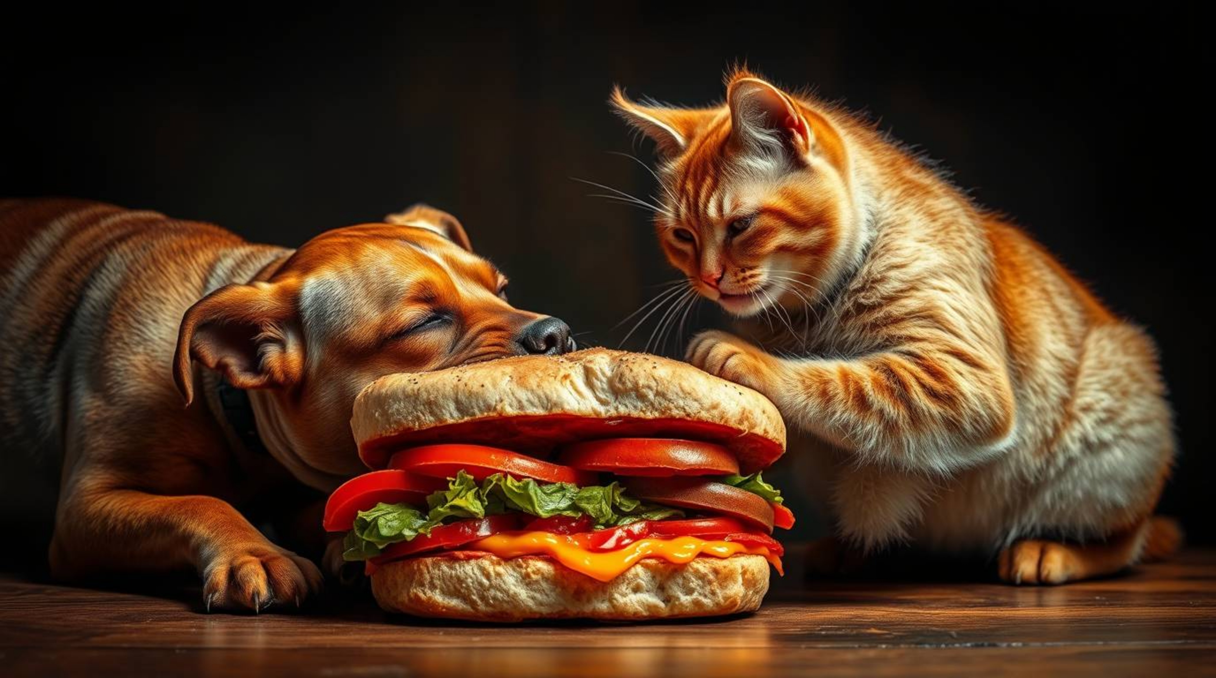 A captivating image depicting a dog and cat fiercely battling over a massive sandwich.  The scene is bathed in high-contrast,
