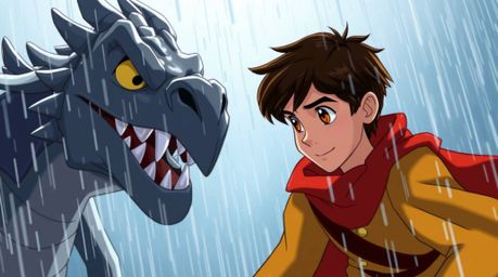 A captivating scene depicting a charming dark-haired prince with brown eyes battling a gray dragon in a wet, rainy setting.