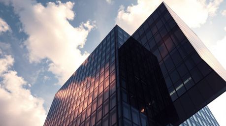 A modern glass building seamlessly dissolves into the sky, its structure blending with soft, ethereal clouds. The artwork evo