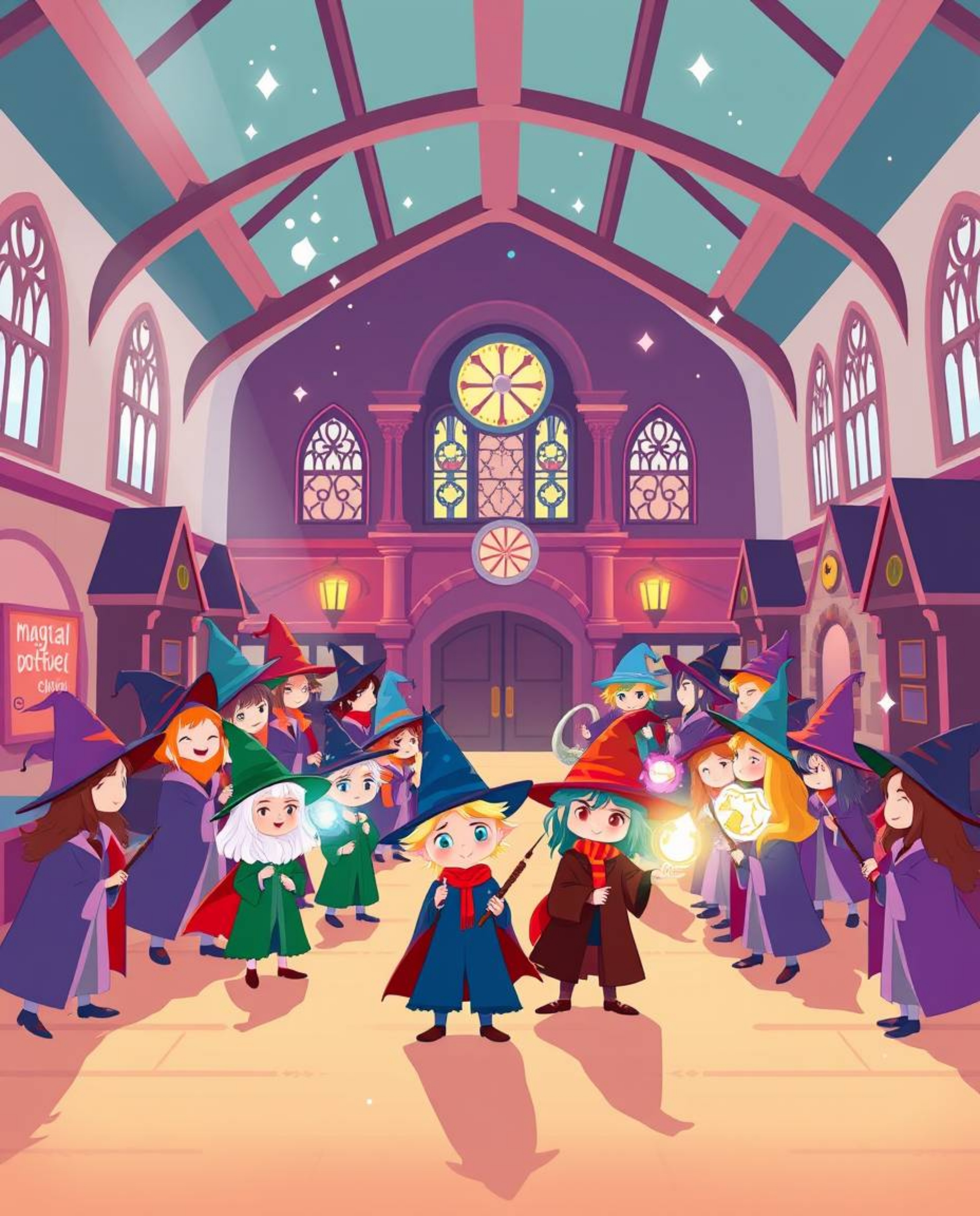 Explore a modern and enchanting digital illustration depicting a magical school brimming with young wizards.  The design embr
