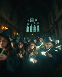 Capture the enchanting atmosphere of a magical school filled with young wizards in a high-contrast, long-exposure photograph.