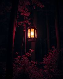 Immerse yourself in a surreal infrared photograph showcasing a glowing lantern illuminating a dark forest. Dramatic cinematic