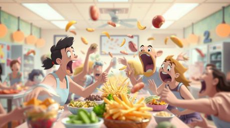 A whimsical and enchanting illustration depicts a chaotic yet beautiful food fight in a cartoon cafeteria. Rendered in soft p