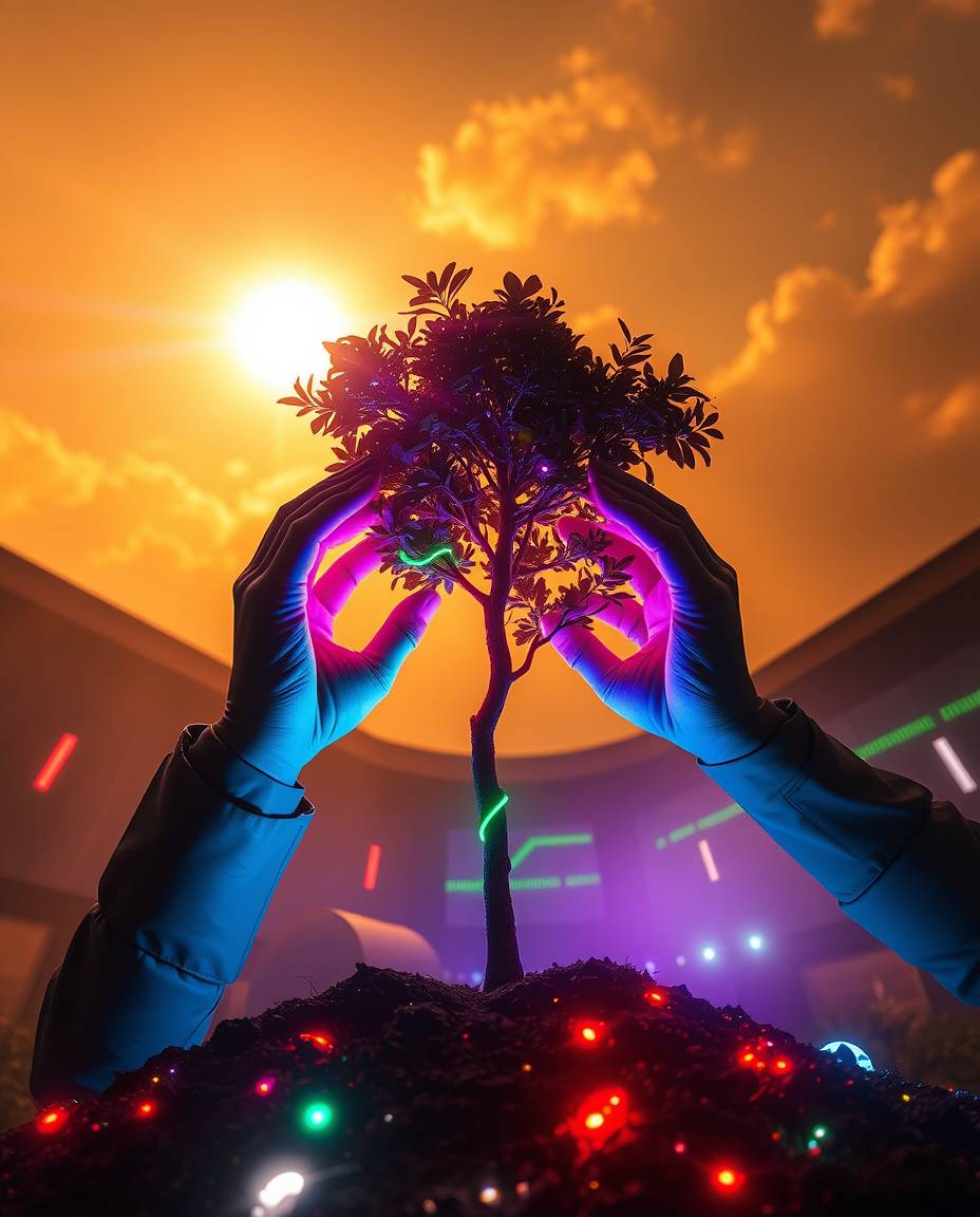 Witness an epic scene where bioluminescent colors illuminate the planting of a tree beneath a golden sky, all within a modern