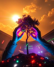 Witness an epic scene where bioluminescent colors illuminate the planting of a tree beneath a golden sky, all within a modern