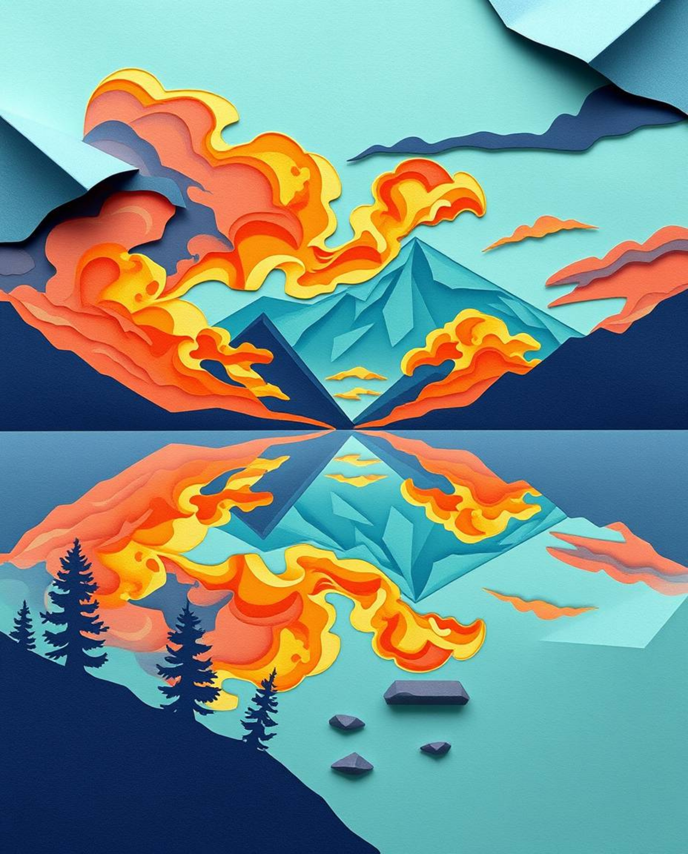 An intricate origami-style illustration captures the reflections of fiery clouds in a mountain lake, rendered in a striking c