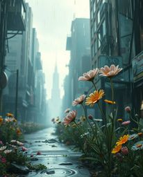 Immerse yourself in a dreamlike, surreal world where fantastical elements intertwine with a drizzling rain, bringing life to 