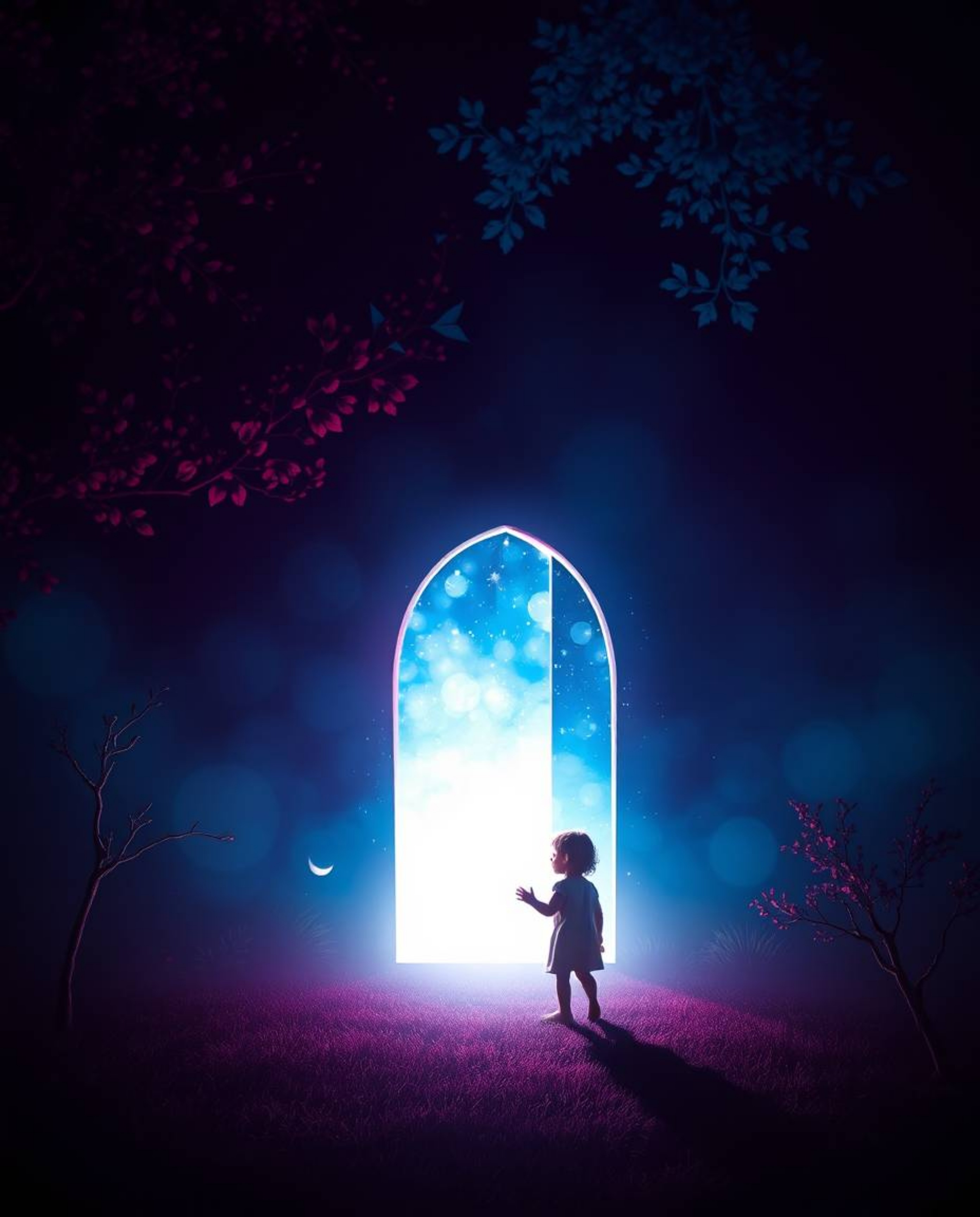 A captivating light art piece showcases a child's enchanting discovery of a magical portal hidden in their backyard.  Rich bu