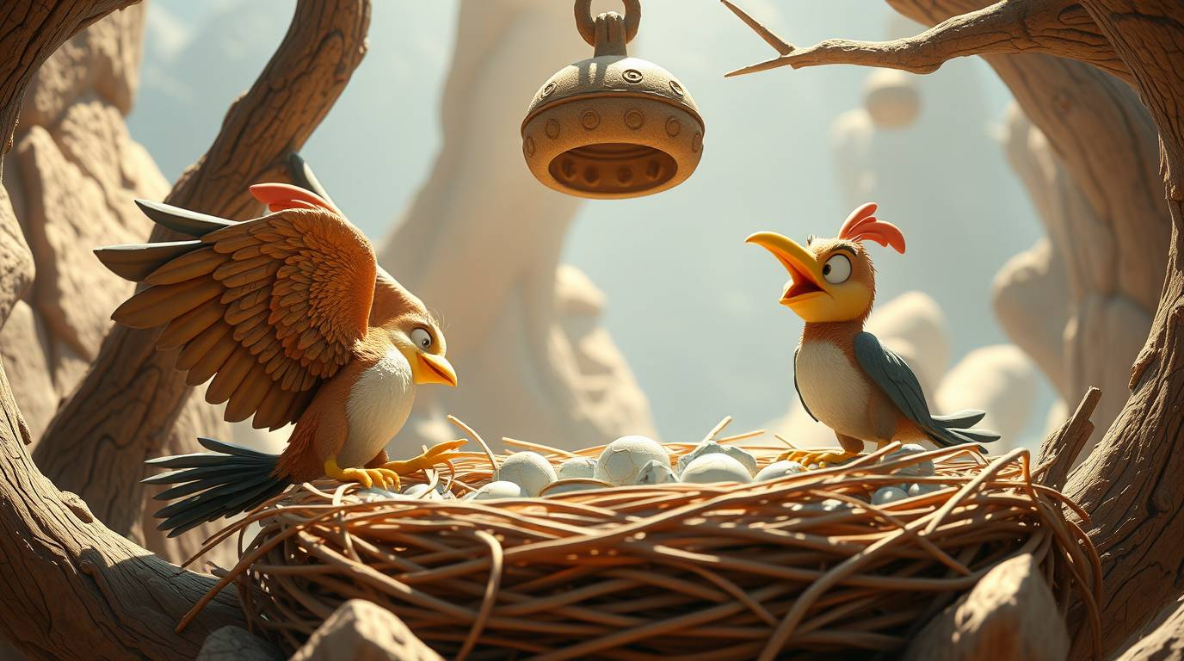 A grand epic scene showcases two charming cartoon birds meticulously constructing their nest.  Rendered in a classic animatio