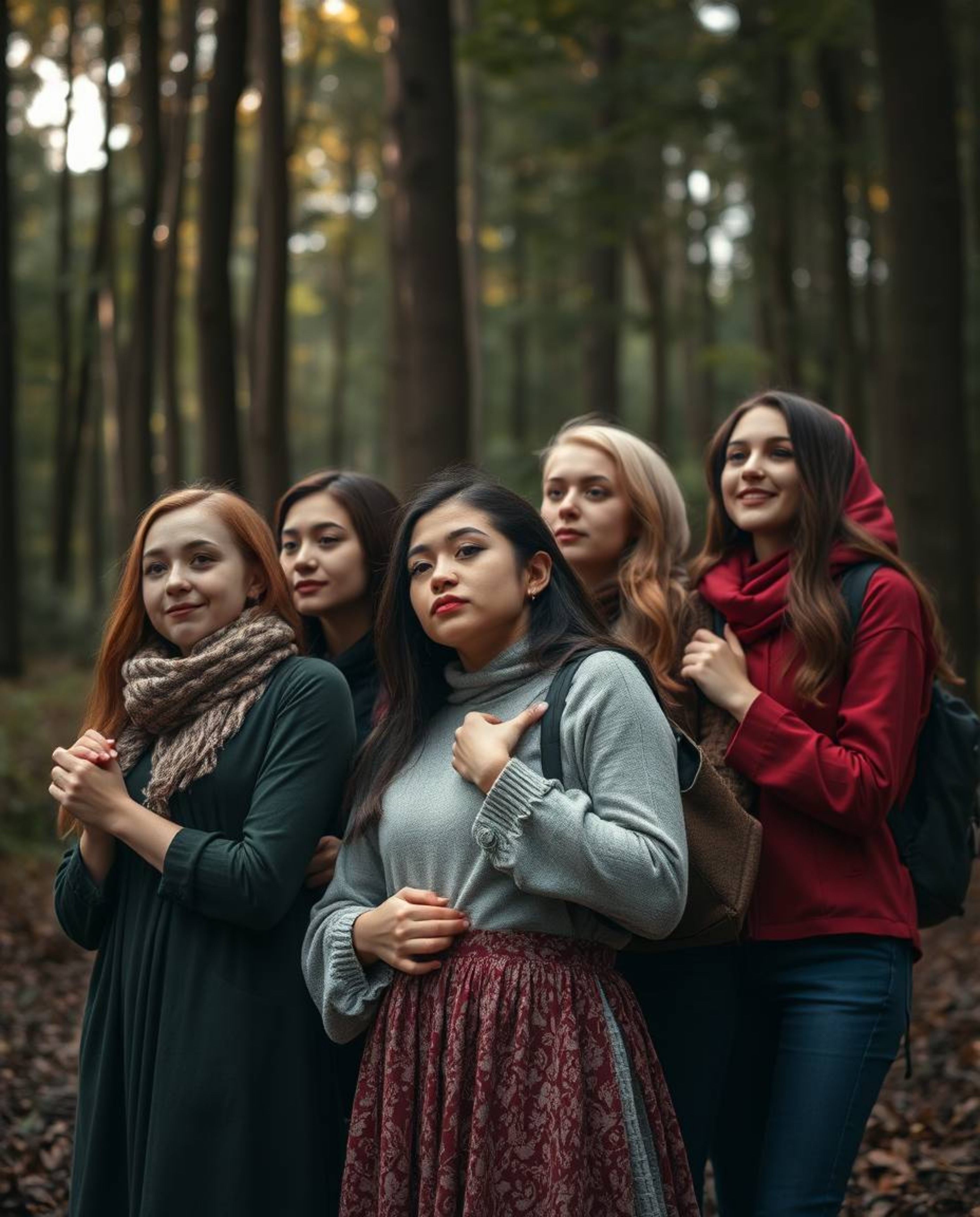 Capture the graceful and elegant essence of a group of friends with refined features and unique powers as they explore a fore