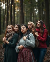 Capture the graceful and elegant essence of a group of friends with refined features and unique powers as they explore a fore