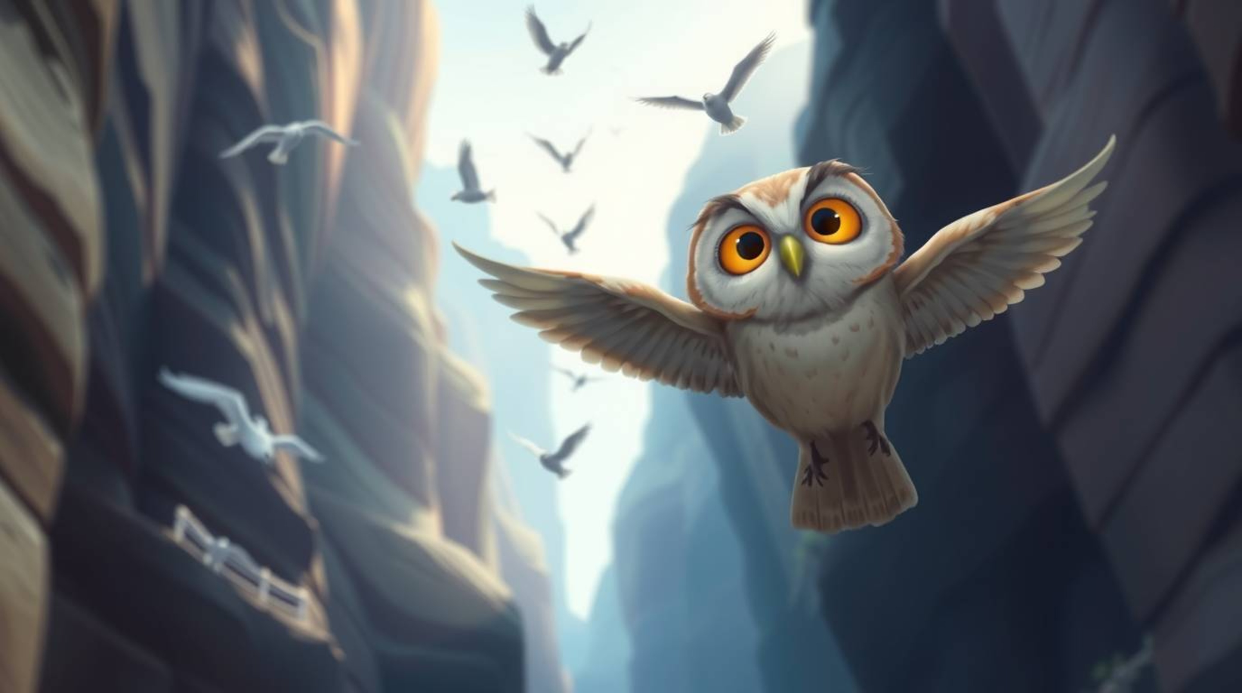This mystical and joyful Pixar-style illustration features a blind owl with gentle facial features as it guides birds in flig