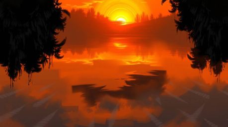 This stunning digital artwork captures a vibrant sunset reflected perfectly in a calm pond. The image is digitally painted in