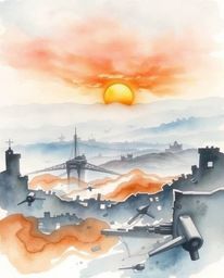 A captivating watercolor painting depicts a serene sunrise over a war-torn landscape.  The artist's delicate brushstrokes and