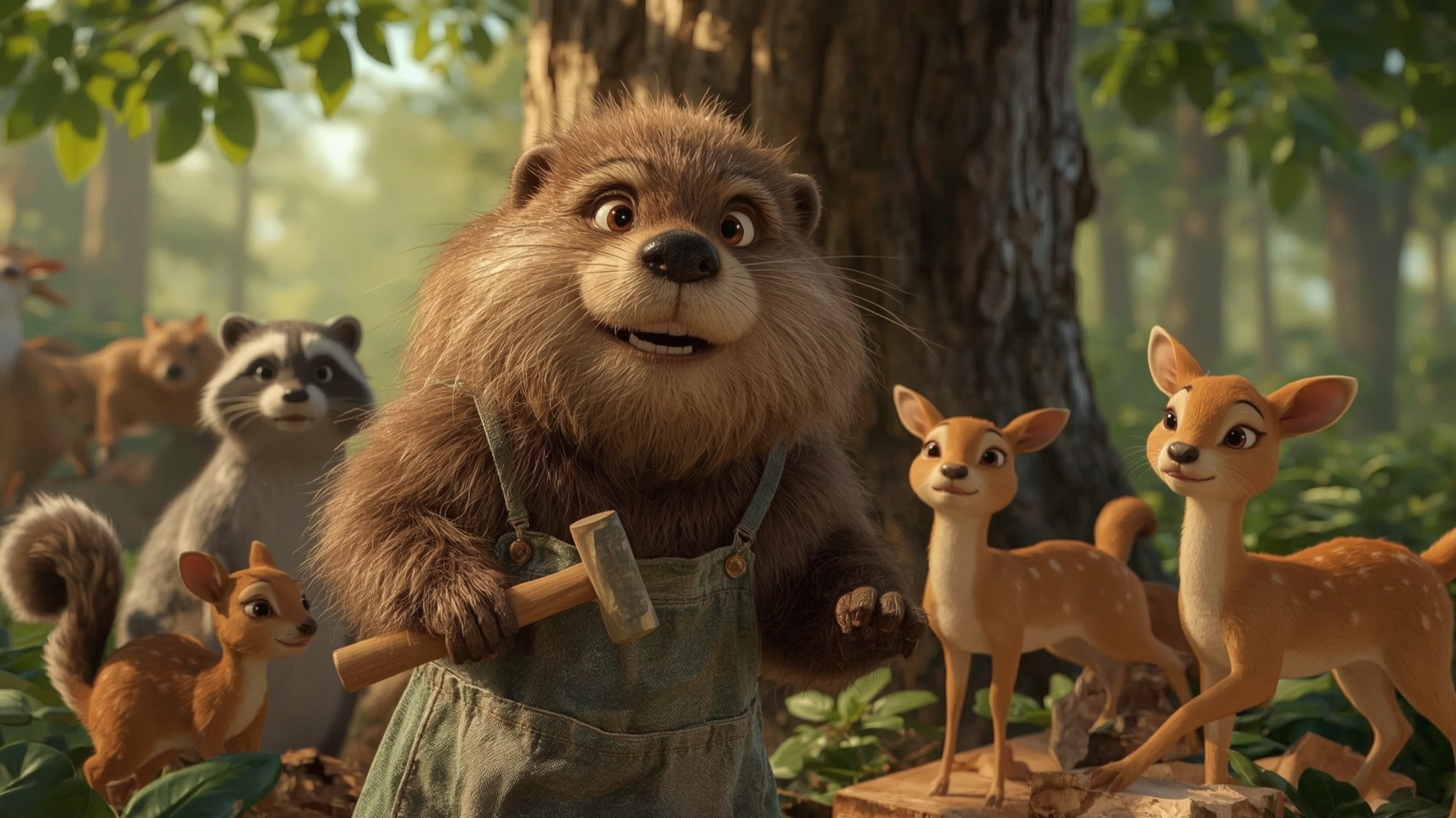 A high-resolution stock photo in a whimsical, Pixar-inspired style, featuring a determined beaver with a fluffy brown coat an