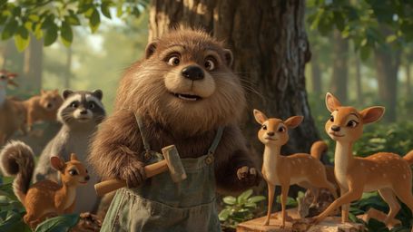 A high-resolution stock photo in a whimsical, Pixar-inspired style, featuring a determined beaver with a fluffy brown coat an