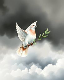A delicate watercolor dove carrying an olive branch soars through tumultuous stormy skies, evoking a sense of peace and hope 
