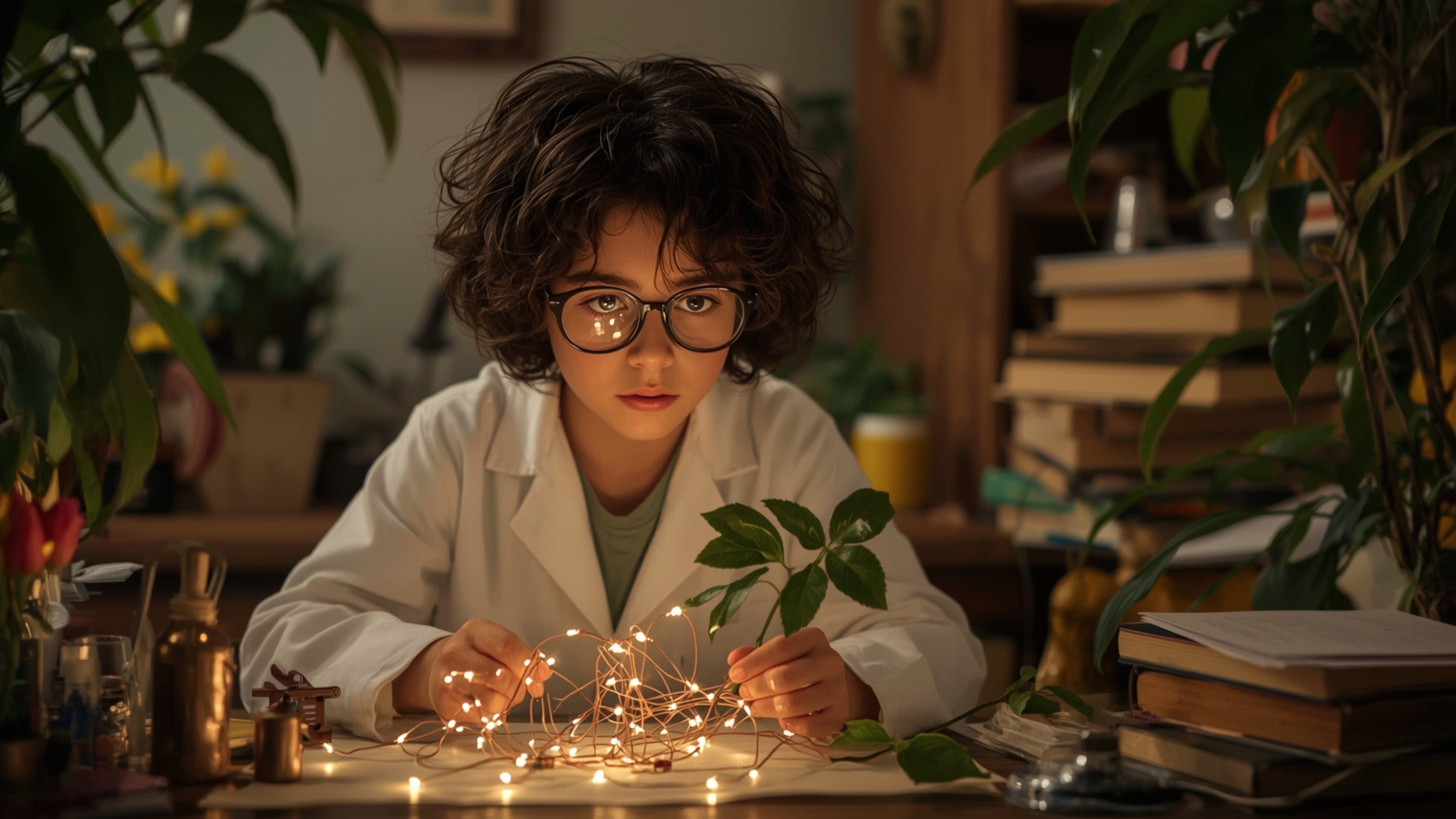 a cinematic, warm-toned photograph of a bespectacled, curly-haired homeschooled genius with a bright, inquisitive gaze, dress