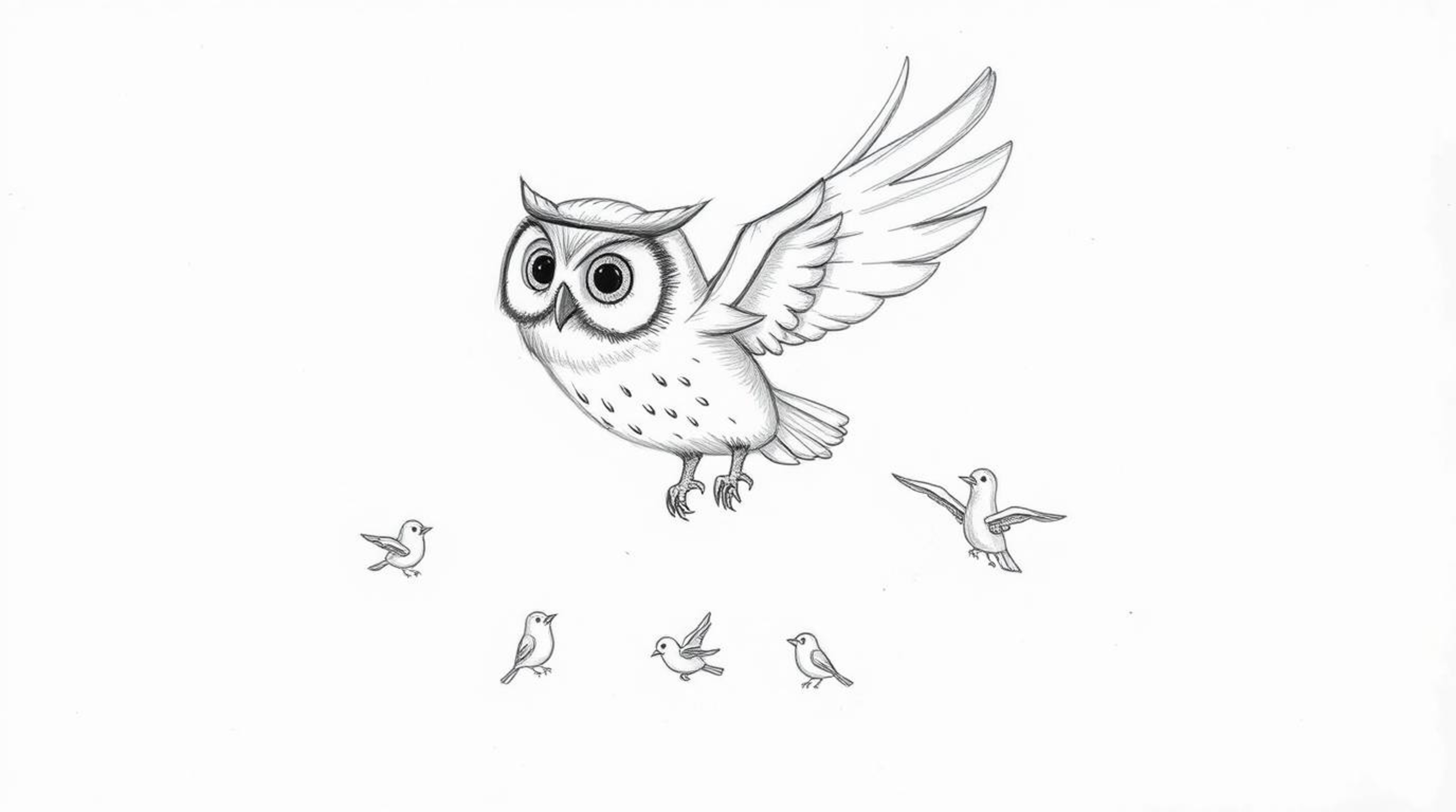 A heartwarming hand-drawn sketch reminiscent of Pixar, portraying a blind owl inspiring birds to fly. The owl, rendered with 