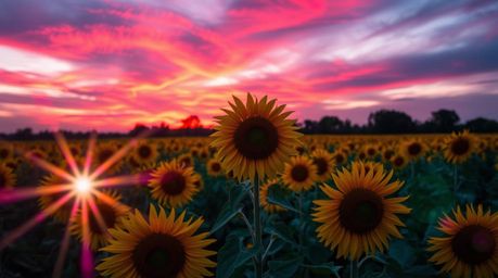 A breathtaking image of a sunflower field bathed in the warm glow of a deep red and purple sunset.  The vibrant blues, greens