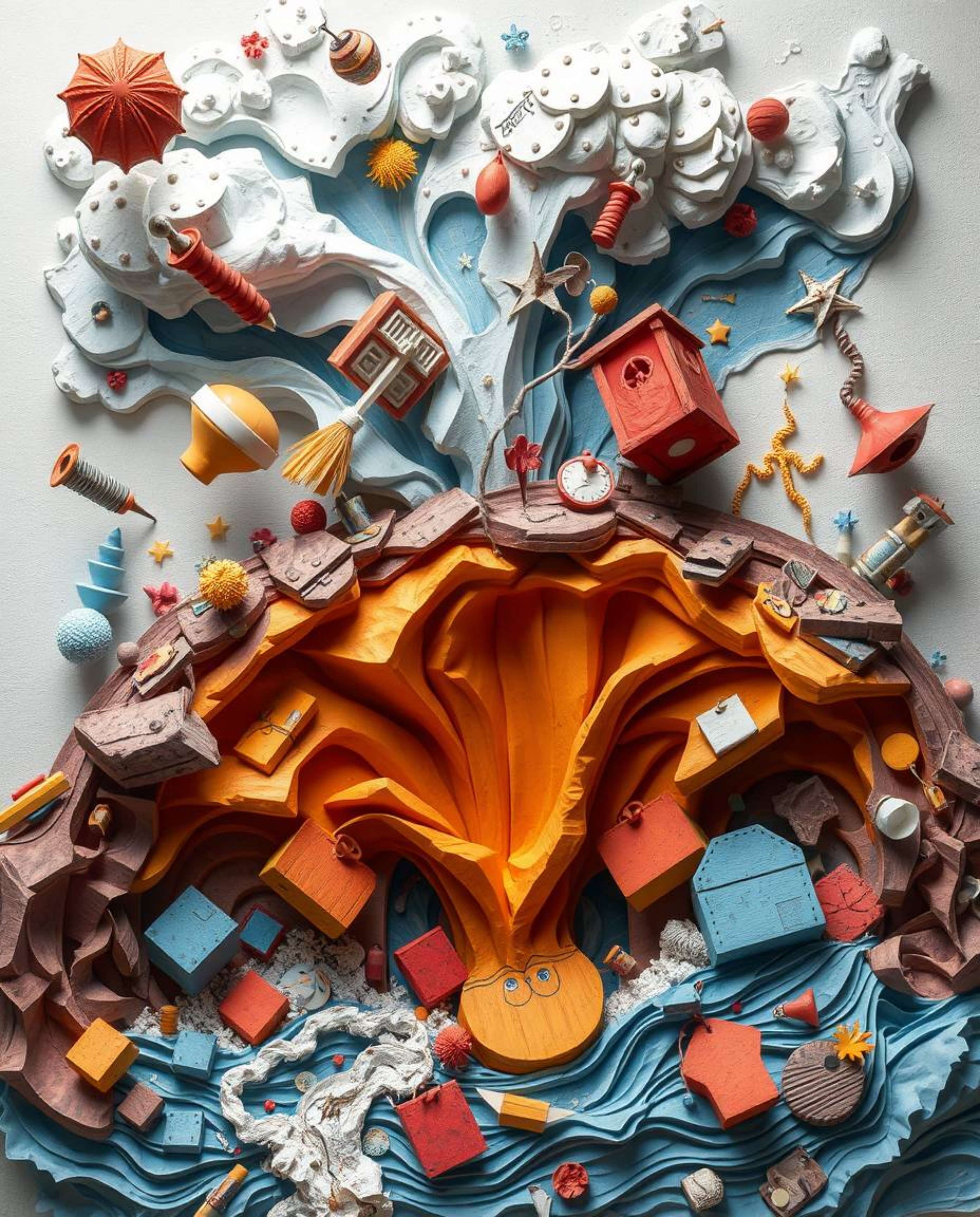 Experience the extraordinary with this surreal storm artwork. Crafted from layered papier-mâché, this piece depicts a scene o