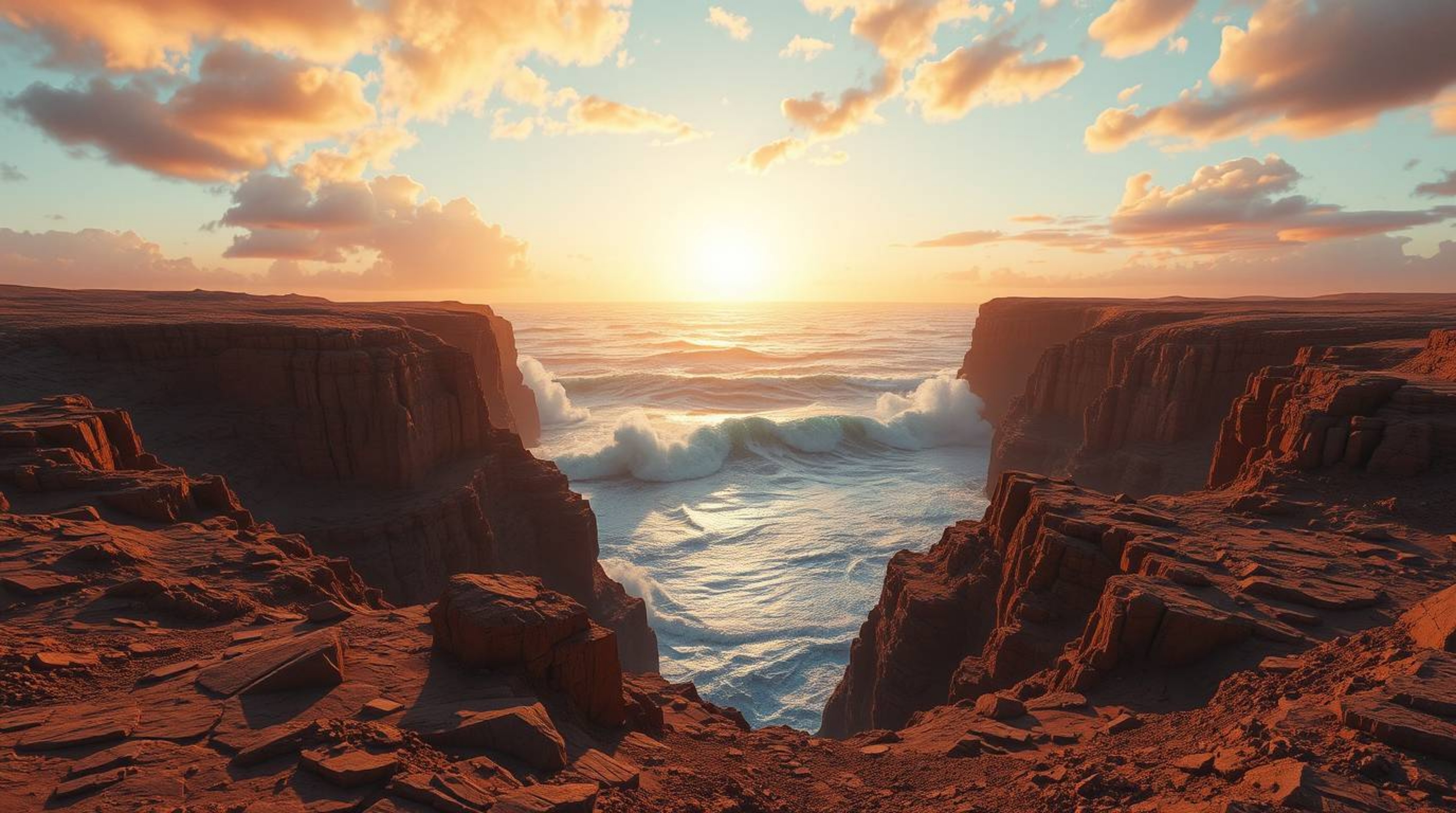 Experience an epic and modern futuristic scene where powerful waves crash against dramatic cliffs, all beneath a blazing suns