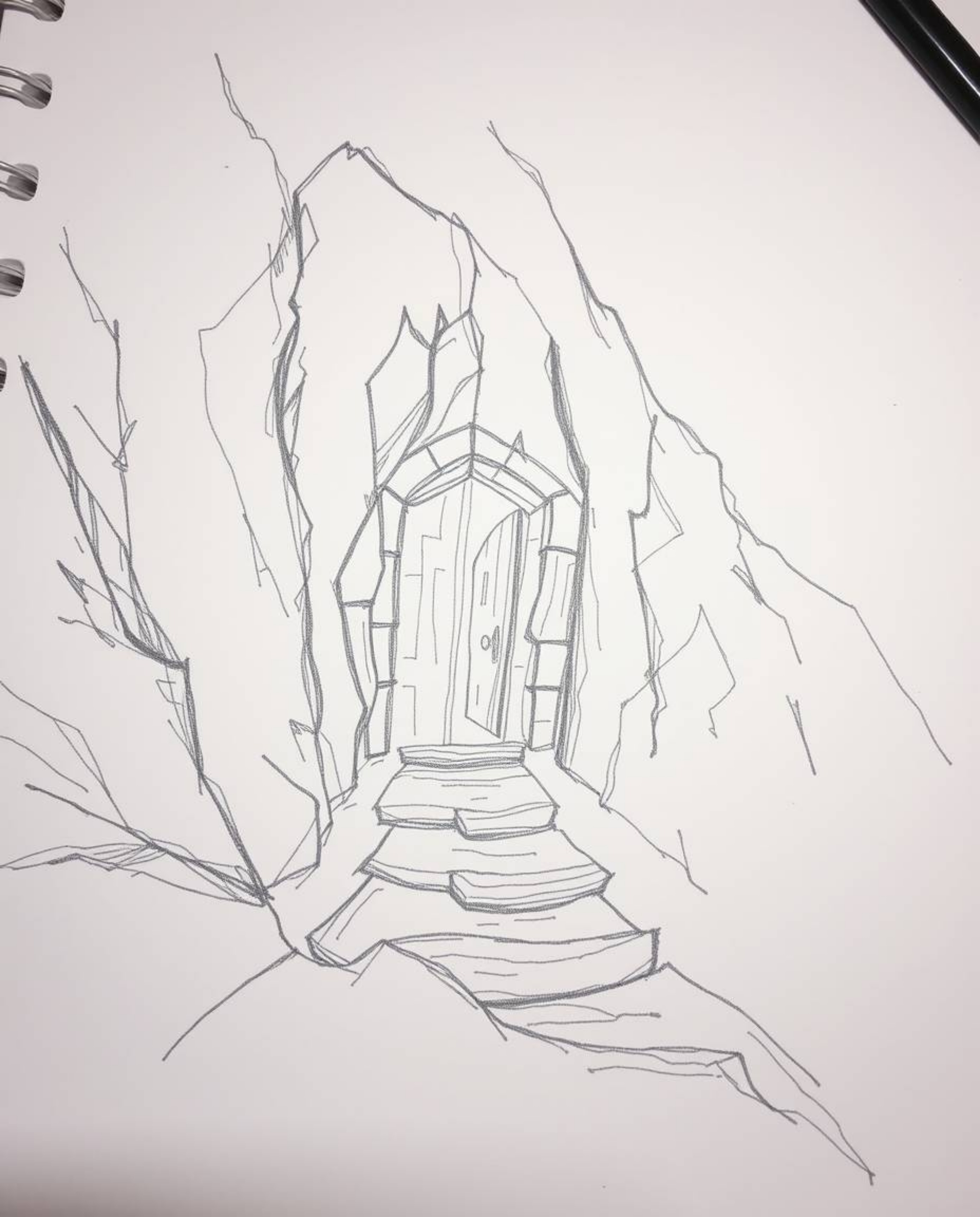 A hand-drawn sketch depicts an ancient doorway, etched with glowing runes, nestled in a mountainside as seen from a high-angl