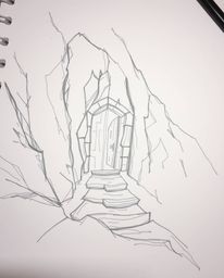 A hand-drawn sketch depicts an ancient doorway, etched with glowing runes, nestled in a mountainside as seen from a high-angl
