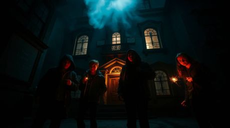 A captivating long exposure photograph showcases a group of teens unraveling mysteries within a haunted mansion.  The image e
