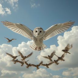 A heartwarming and visually stunning high fashion photography captures a blind owl with a wise and gentle expression, teachin