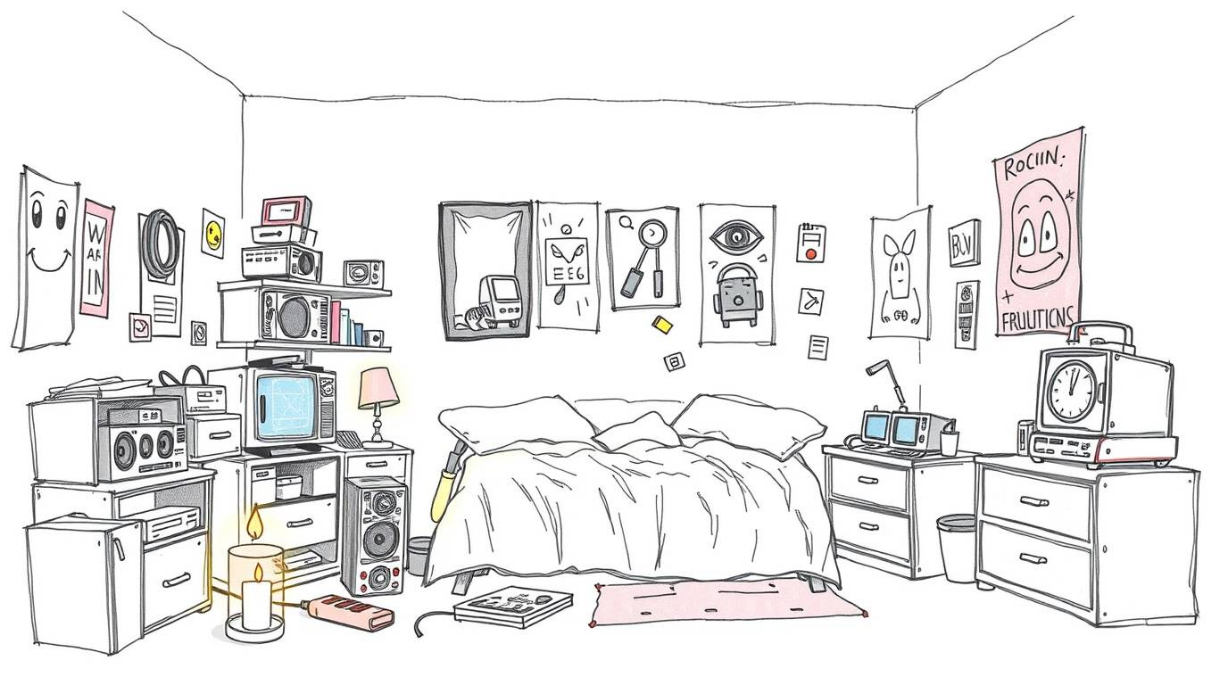 Explore a hand-drawn sketch depicting a cluttered bedroom filled with unusual gadgets and vibrant posters.  Rendered in soft 