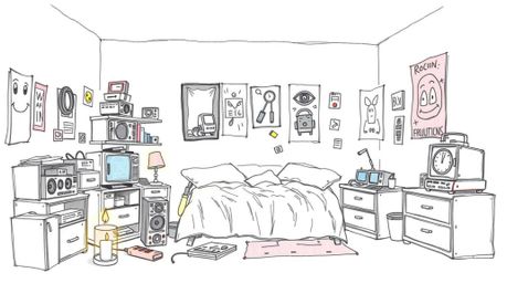 Explore a hand-drawn sketch depicting a cluttered bedroom filled with unusual gadgets and vibrant posters.  Rendered in soft 