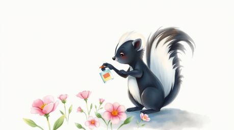 This delicate watercolor painting features a charming cartoon skunk playfully spraying perfume on flowers. The artwork is cha